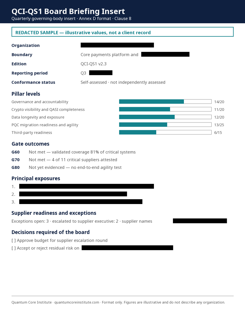 Redacted sample QCI-QS1 board briefing insert showing pillar levels, gate outcomes, exposures and board decisions